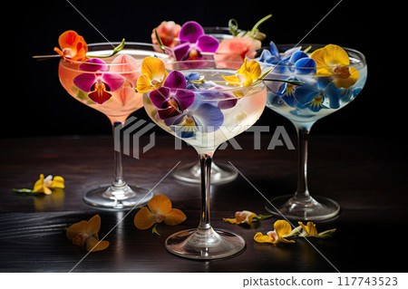 Colorful Floral Cocktails in Elegant Glasses 117743523