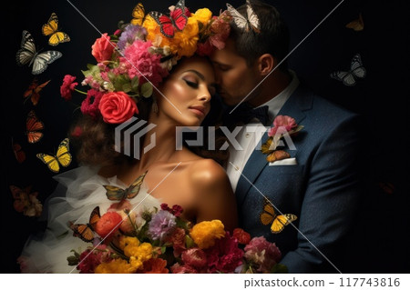 Romantic Couple with Floral and Butterfly Decorations 117743816