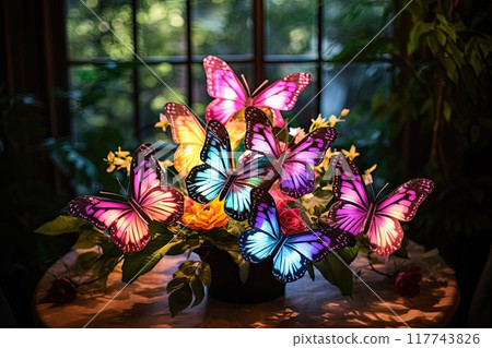Colorful Butterflies on Flowers by Window 117743826