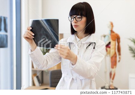 Doctor examining X-ray image in medical office 117743871