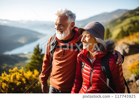 Awe-Inspiring Retirement Senior Couple Marvels at Pacific Coast Beauty, Embracing Nature's Wonders on a Mountain Hiking Adventure. created with Generative AI 117743925