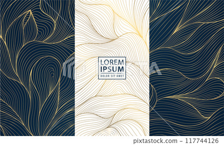 Vector set of gold floral patterns, line luxury frames, wedding background. Wine labels, ornaments, wave cards. Fancy royal design elements, vintage borders, elegant package 117744126