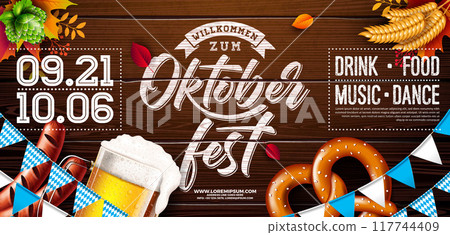 Oktoberfest Party Banner Illustration with Blue and White Bavaria Party Flag and Fresh Lager Beer in Typography Letter on Vintage Wooden Background. Vector Celebration Flyer Template for Traditional 117744409