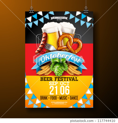 Oktoberfest Party Poster Illustration with Fresh Lager Beer, Pretzel, Sausage and Blue and White Bavaria Party Flag on German Flag Color Background. Vector Celebration Flyer Template for Traditional Oktoberfest Party Poster Illustration with Fresh Lager Beer, Pretzel, Sausage and Blue and White Bavaria Party Flag on German Flag Color Background. Vector Celebration Flyer Template for Traditional 117744410