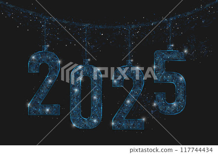Abstract isolated blue image of new year number 2025. Polygonal low poly wireframe illustration looks like stars in the black night sky in space or flying glass shards. Digital web, internet design. Abstract isolated blue image of new year number 2025. Polygonal low poly wireframe illustration looks like stars in the black night sky in space or flying glass shards. Digital web, internet design. 117744434