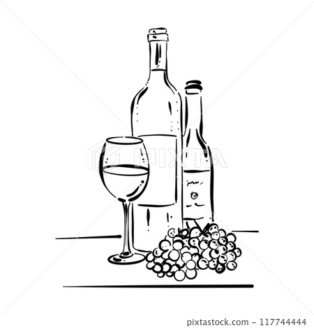 Bottle of wine, two glasses and a basket of grapes. Vintage drawing in sketch style. Vector doodle Bottle of wine, two glasses and a basket of grapes. Vintage drawing in sketch style. Vector doodle 117744444
