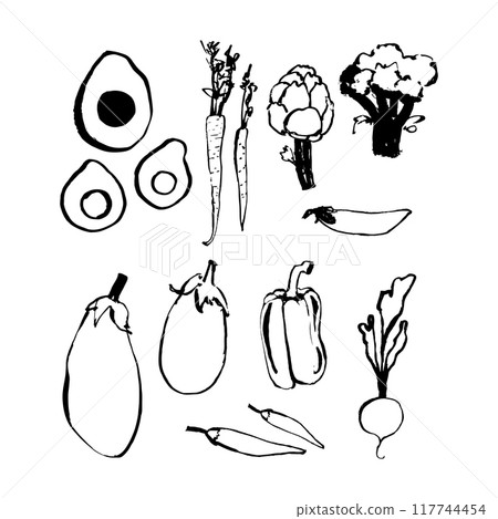 Fresh organic vegetables set. Natural healthy food products. Different veggies, pepper, broccoli, carrot, avocado, eggplant, radish. Vegan agriculture harvest.  117744454