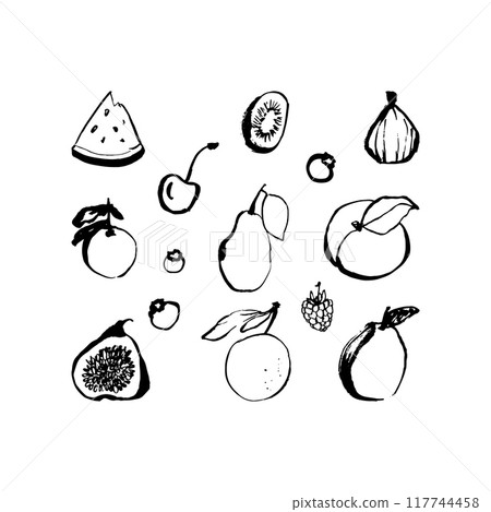 Set of doodle drawn doodle fruits, watermelon, cherry, orange, pear, peach, fig, berries and lemon. Collection organic healthy food black line on white background 117744458