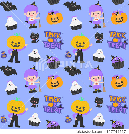 cute kid seamless pattern halloween trick or treat party illustration 117744517