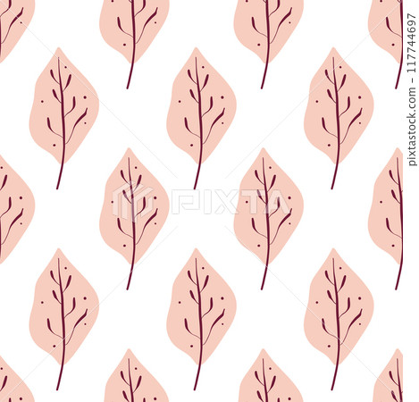 Seamless pattern with autumn leaves. Trendy flat style. Great for backgrounds, apparel & editorial design, cards, gift wrapping paper, home decor etc. 117744697