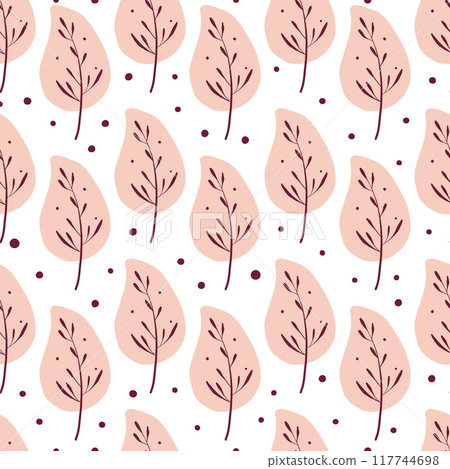 Seamless pattern with autumn leaves. Trendy flat style. Great for backgrounds, apparel & editorial design, cards, gift wrapping paper, home decor etc. 117744698