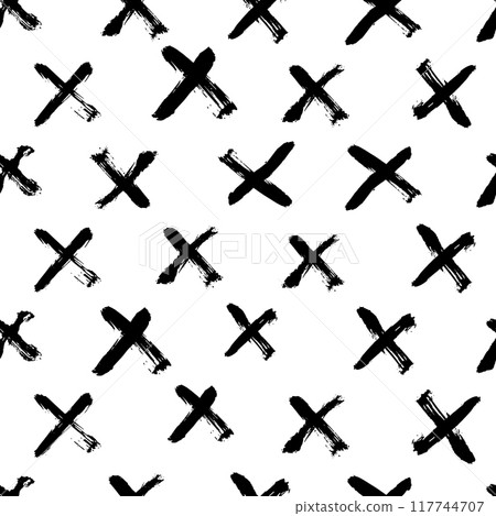 Doodle Hand drawn cross and plus sign. Vector seamless pattern with black crosses.  Black paint brush strokes geometrical pattern. Good for wallpaper, textile design, graphic design. 117744707