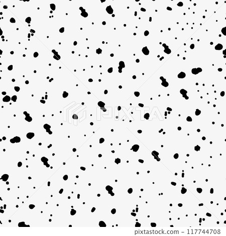 Seamless pattern with chaotic confetti.  Hand drawn black uneven specks, spots, blobs. Monochrome noisy texture. Grainy surface distress vector background. Pattern with dots 117744708