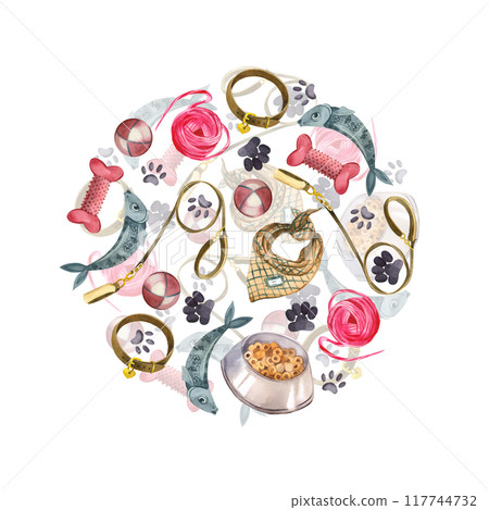 Round composition, logo. Pet accessories, leashes, collars, pet toys, food and feed. All objects are hand-drawn with watercolors. Watercolor composition. For printing on packaging, products, fabric. 117744732