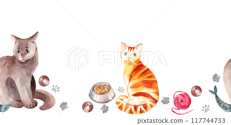 Cats of different breeds, red tabby cat, gray cat, bowl with food, balls for games, ball of wool, all objects are hand-drawn with watercolors. For printing, posters, packaging of goods for animals. Cats of different breeds, red tabby cat, gray cat, bowl with food, balls for games, ball of wool, all objects are hand-drawn with watercolors. For printing, posters, packaging of goods for animals. 117744733