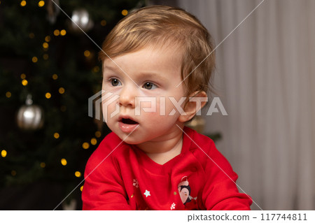 Portrait of funny red-haired kid at Christmas near Christmas tree 117744811