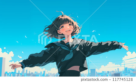 A female student spreading her arms in the blue sky 117745128