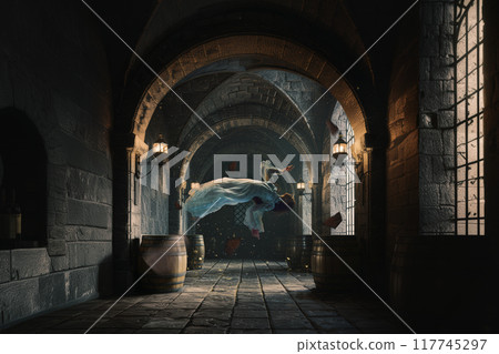 Woman in white gown floats through shadowy corridors of medieval castle, her presence haunting dream on Halloween night. Woman in white gown floats through shadowy corridors of medieval castle, her presence haunting dream on Halloween night. 117745297