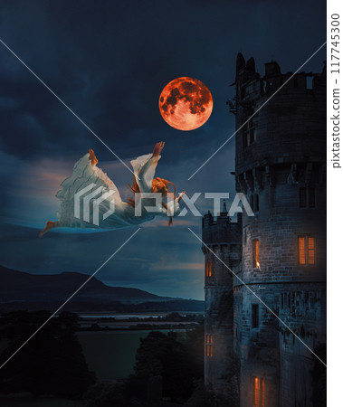 Spectral woman floats towards crimson moon over ancient castle, Halloween vision of ethereal beauty and mystery. Spectral woman floats towards crimson moon over ancient castle, Halloween vision of ethereal beauty and mystery. 117745300