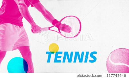 Close-up of tennis player in mid-swing, with bold color contrasts, emphasizes strength, precision, and focus in the sport. Contemporary art collage. 117745646