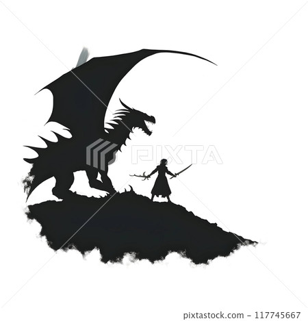 Black silhouette of a warrior and dragon on light background. 117745667