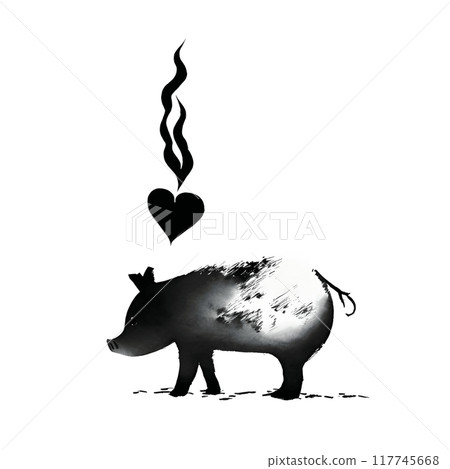 Black silhouette of a pig on white background. 117745668