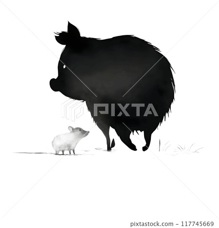 Black silhouette of two pigs on white background. 117745669