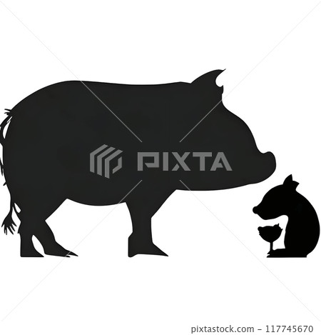 Black silhouette of two pigs on white background. 117745670