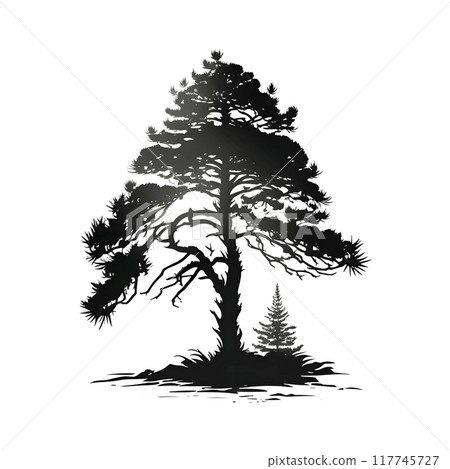 Black silhouette of a tree on white background. 117745727