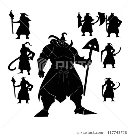 Black silhouette of a warrior on grey background. 117745728