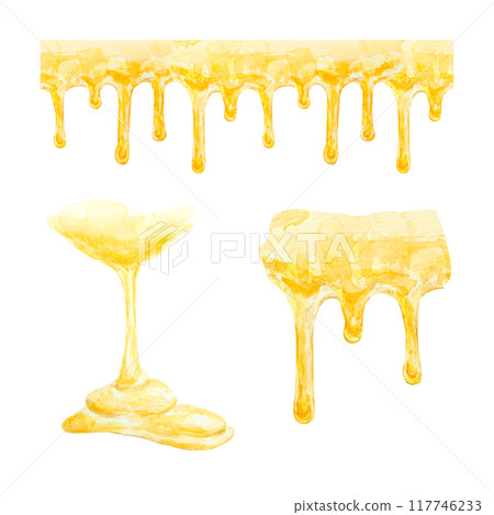Sweet honey. Watercolor hand drawn illustration. Isolated, cut out clip art. The drawing is suitable for prints, stickers, beekeeping product packaging design, spa treatments, cosmetics, cooking Sweet honey. Watercolor hand drawn illustration. Isolated, cut out clip art. The drawing is suitable for prints, stickers, beekeeping product packaging design, spa treatments, cosmetics, cooking 117746233