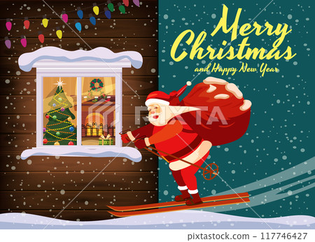 Santa Claus flying in the night sky by ski with sack full gifts, winter old town 117746427
