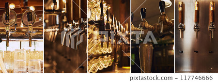 Close-up collection of beer taps in various designs, capturing the industrial yet inviting vibe of well-loved pub. Perfect for showcasing a brewery craft. Close-up collection of beer taps in various designs, capturing the industrial yet inviting vibe of well-loved pub. Perfect for showcasing a brewery craft. 117746666