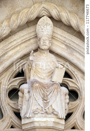 Statue of St. Mark the Evangelist on the St Mark s Church in the historic city Korcula at the island Korcula in Croatia 117746673