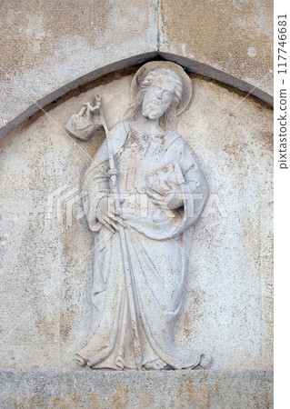 Jesus the Good Shepherd relief on the St Mark s Church in the historic city Korcula at the island Korcula in Croatia 117746681