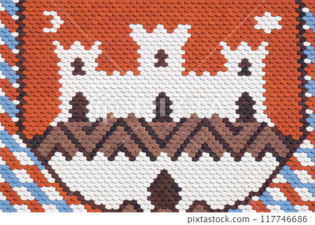 Coat of arms of the City of Zagreb, checkered tiled rooftop of St Mark's church in Zagreb, Croatia 117746686