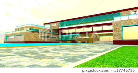 A pedestrian walkway with a white border along the pool in the grounds of a luxury hotel complex in the suburbs of Vienna. 3D rendering. A pedestrian walkway with a white border along the pool in the grounds of a luxury hotel complex in the suburbs of Vienna. 3D rendering. 117746736