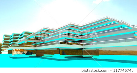 Bright tropical sun behind a luxurious private hotel built in the suburbs of Riyadh. Huge turquoise pool. 3D rendering. 117746743