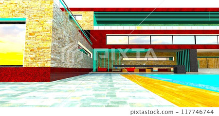 Combination of natural stone and red granite in the finishing of a modern office in the suburbs of Rotterdam. View of the employee relaxation area. 3D rendering. 117746744