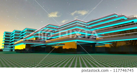 Concept of a modern hotel complex in the UAE. Night view. Turquoise lighting on the glass facade. 3D rendering. Concept of a modern hotel complex in the UAE. Night view. Turquoise lighting on the glass facade. 3D rendering. 117746745
