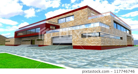 Corner view of an upscale estate. Garage exit. Decorative stone finishing. Beautiful cloudy day. 3D rendering. 117746746