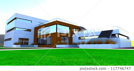 Design of a luxury cottage built on a sunny mountain plateau in Arizona. Wooden finish plus white brick. 3D rendering. Design of a luxury cottage built on a sunny mountain plateau in Arizona. Wooden finish plus white brick. 3D rendering. 117746747