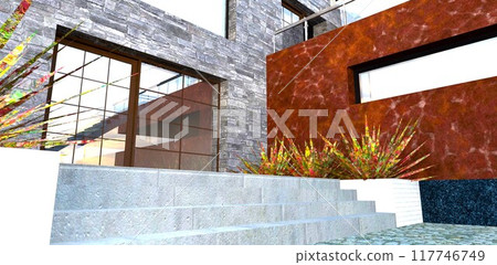 Design of the entrance to a modern country cottage. Red marble and gray natural stone. Concrete steps and glass double doors. 3D rendering. 117746749