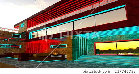 Exclusive design of night lighting for a luxury hotel built near Budapest. 3D rendering. 117746752