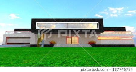 Grand entrance of a minimalist cottage. Lush green lawn. Exterior finish with white and black marble. 3D rendering. 117746754