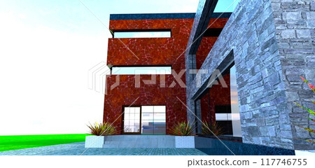 Gray natural stone combined with artificial red marble is an excellent design choice for finishing modern country properties. 3D rendering. Gray natural stone combined with artificial red marble is an excellent design choice for finishing modern country properties. 3D rendering. 117746755