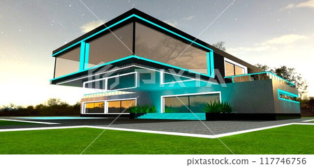 he marble finish of the cantilevered floor's ceiling reflects the night lighting of the facade of an innovative energy-efficient cottage. 3D rendering. he marble finish of the cantilevered floor's ceiling reflects the night lighting of the facade of an innovative energy-efficient cottage. 3D rendering. 117746756