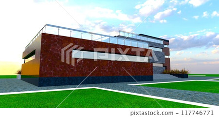 Site planning within a cottage village. Pedestrian pathways with white borders. Combined facade finishes of buildings. 3D rendering. Site planning within a cottage village. Pedestrian pathways with white borders. Combined facade finishes of buildings. 3D rendering. 117746771