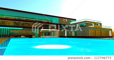 Sunlight reflecting off the pool's surface at an advanced hotel in the suburbs of Lima. The building's finish with elements of illuminated decor looks stunning. 3D rendering. Sunlight reflecting off the pool's surface at an advanced hotel in the suburbs of Lima. The building's finish with elements of illuminated decor looks stunning. 3D rendering. 117746773