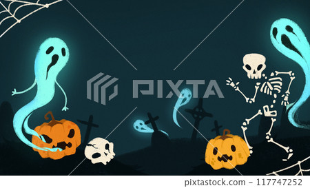 Ghosts and skeletons dance among glowing pumpkins and skulls, celebrating spooky Halloween night in graveyard. Cartoon art style. 117747252